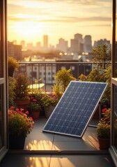 Fototapeta premium Solar panel on apartment balcony with city view at sunset
