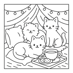 Cozy Cats Coloring Page – Three Kittens with Tea & Cookies