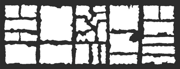 Torn paper pieces frame set. Torn paper with jagged edges. Ripped rectangular shape silhouette collection. Textured grunge elements collage, text box, poster, banner