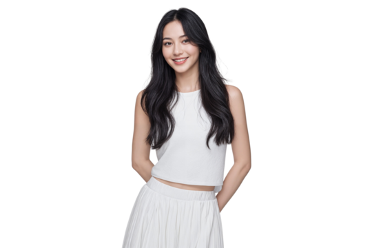 Elegant Asian woman in white top and skirt, smiling gently with hands behind her back, isolated on transparent background