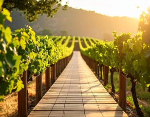 Wooden walkway inviting exploration through sunlit vineyard rows on hillside