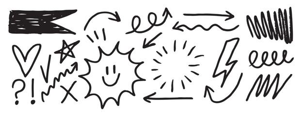 doodle set hand drawn black marker messy lines. Grunge thin lines design elements