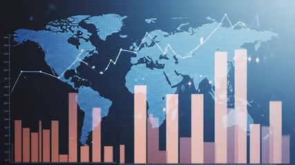 Global financial data visualized with bar and line graphs on a world map background. - Powered by Adobe