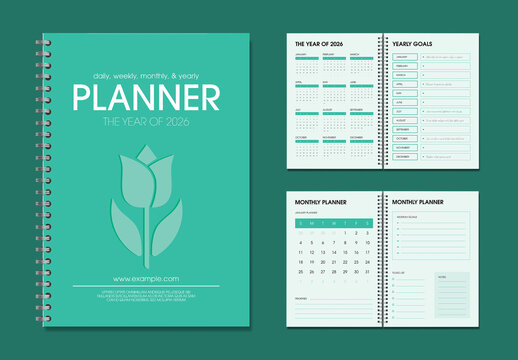 Modern 2026 Planner Template Design with Daily, Weekly, Monthly, and Yearly Scheduling Layouts