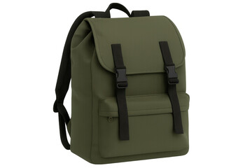 Modern khaki backpack with black straps isolated on transparent background