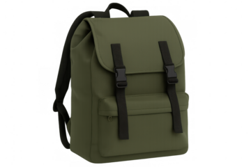 Modern khaki backpack with black straps isolated on transparent background