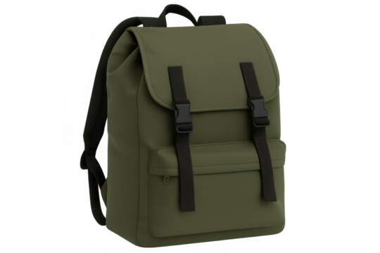 Modern khaki backpack with black straps isolated on transparent background