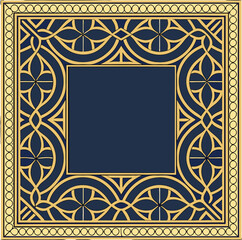 Luxurious Square Frame with Dark Blue Background and Intricate Gold Patterns