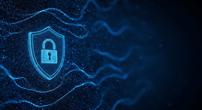 Glowing blue shield icon with a padlock inside, surrounded by flowing, abstract digital lines on a dark background.