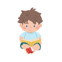 Schoolboy reading a book. Child sitting and studying a textbook. Cute student character. Back to school. Children's education. Vector illustration
