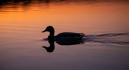 A lone duck glides across calm water creating ripples during a vibrant sunset silhouette