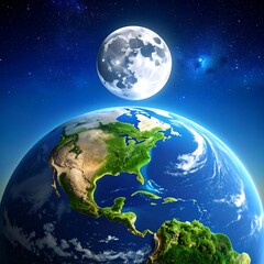 Earth and moon in space, North America centered
