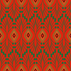 Abstract symmetrical pattern featuring delicate teal botanical branches with dotted tips accented by soft red and green on a gradient background. Ideal for fabric wallpaper or digital art design.