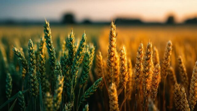 Golden Fields of Grain at Dawn: The early sun bathes fields of ripe wheat and barley in a warm, golden glow. Captured with exceptional detail, the image showcases a scene of abundance. 