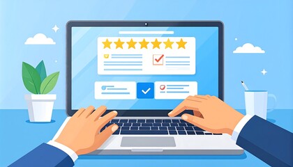 Hands on laptop, online review platform