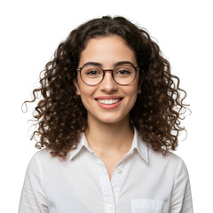 Obraz premium Smiling young woman with curly brown hair wearing glasses and a white collared shirt isolated on transparent background