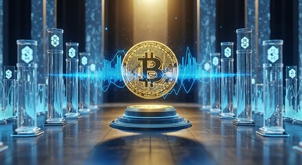 Golden bitcoin on a pedestal with blue sound waves and futuristic display columns around it