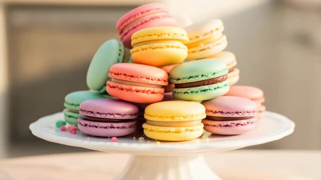 Delicious colorful macarons stacked on white cake stand, pastel colors, dessert.