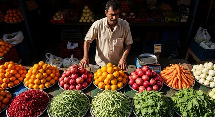Man stands behind a market stall filled with fresh fruits and vegetables in a vibrant display of produce