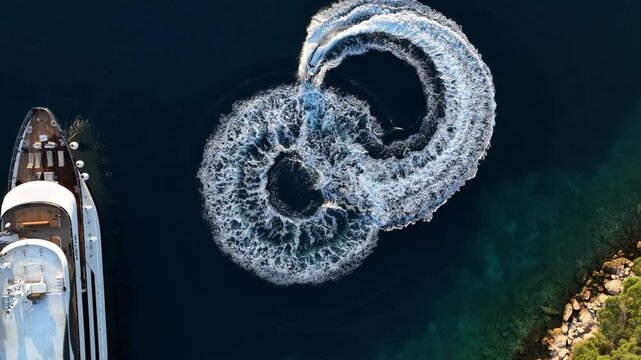Speedboat Making Swirling Pattern In The Sea Next To Luxury Yacht In Kornati Island, Croatia. - aerial overhead shot