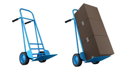Set of Airport luggage cart or baggage trolley side with stack of cardboard boxes or cartons on white background. 3d render element of airport or warehouse service