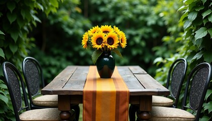 Rustic Garden Dining Charming Outdoor Setting with a Wooden Table Sunflowers and Wrought-Iron Chairs Amidst Lush Greenery