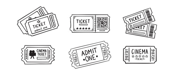  cinema ticket doodle hand drawn icon set. Outline drawing cinema ticket line clipart symbol collection