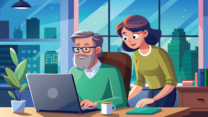 Colleagues working together on a laptop in an office at night