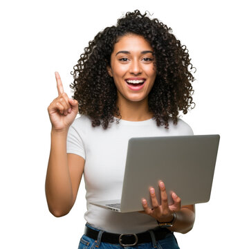 Excited young woman with curly hair holding a laptop and pointing upwards with a bright idea isolated on transparent background