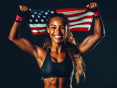 A strong, smiling female athlete holds an American flag above her head, showcasing her muscles. She stands in a dark gym, embodying confidence and triumph after a competition. - Powered by Adobe