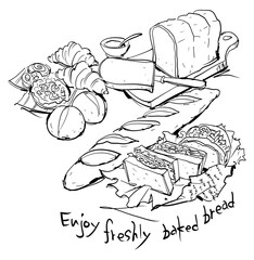 Stylish illustration of bread and English letters Sandwiches, French bread, bread, prepared bread