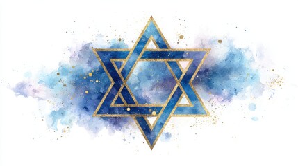 A watercolor painting of the Star of David with blue and gold hues and splattered paint accents on a white background.