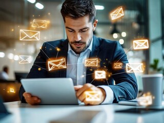 A focused man dressed in business attire sits at a desk in a contemporary office. He engages with a tablet while digital email notifications surround him, indicating active communication.