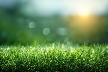 Fototapeta premium Lush green grass in soft sunlight, blurred background