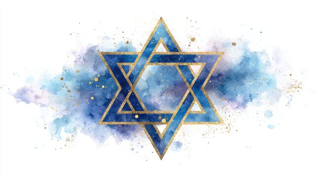 A watercolor painting of the Star of David with blue and gold hues and splattered paint accents on a white background.