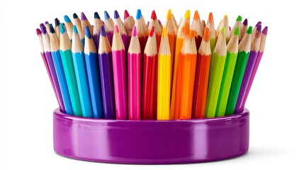 Fototapeta premium Vibrant colored pencils in a purple cup, art supplies for drawing and creative inspiration