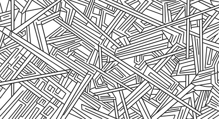 Abstract black and white geometric pattern with intersecting lines and angular shapes creating a maze like design