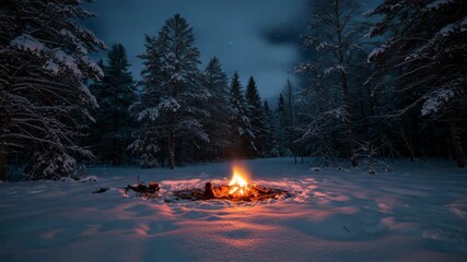 Campfire under starry night sky in snowy forest - Powered by Adobe