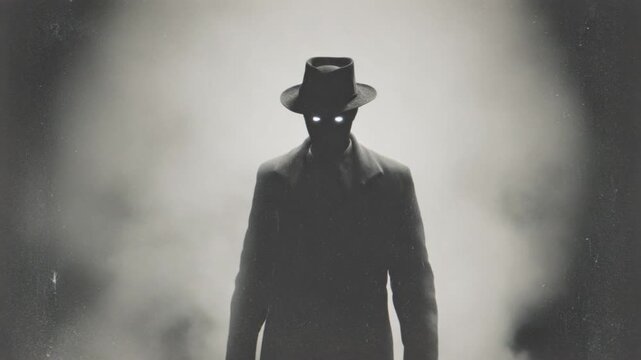Shadowy Figure in the Fog: A mysterious man in a hat stands shrouded in fog, his glowing eyes piercing through the obscurity. evoking a sense of intrigue and foreboding.