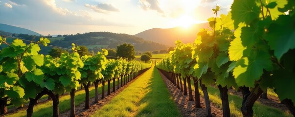Naklejka premium Sun-drenched vines climb a hillside, lush green leaves contrasting with rows of ripening grapes, ready for harvest A picturesque winery scene, full of natural beauty , growth, rows, landscape