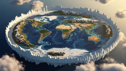 A stylized flat earth map depiction, showing continents, oceans, and an icy perimeter, viewed from above the clouds. - Powered by Adobe