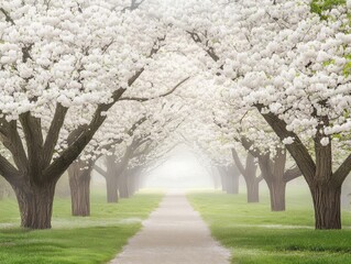 A tranquil pathway stretches through a grove of cherry trees, their branches heavy with white blossoms. The scene is enveloped in soft mist, creating a calm and peaceful atmosphere.