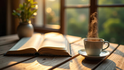 Steaming cup of tea beside an open book on rustic wooden table in warm morning light, capturing a moment of peaceful solitude perfect for mindfulness and slow lifestyle promotion visuals