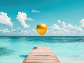 Obraz premium Golden balloon floating over a calm ocean from a wooden pier