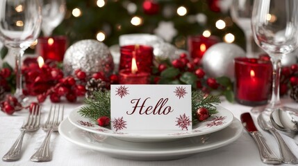 Close-up of a festive table layout with tented place cards on plates. The cards are blank and positioned at the center, suggesting a personalized holiday gathering.