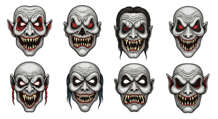 Collection of eight cartoon vampire faces with sharp teeth and glowing red eyes on white backdrop