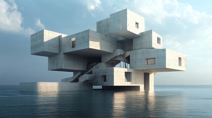 Modern concrete building on water