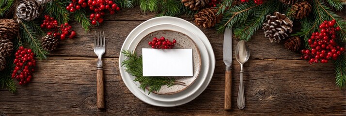 Christmas table setting with blank tent place cards centered on small plates. The scene is festive yet minimal, with clear focus on the name cards.