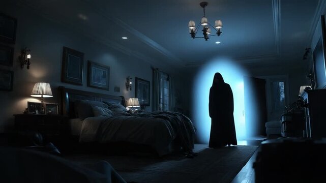 Eerie Bedroom Apparition: A shadowy figure cloaked in darkness stands in a dimly lit bedroom doorway, creating an atmosphere of mystery and suspense.