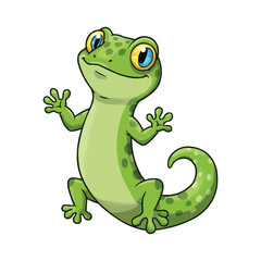 Naklejka premium Happy Cartoon Gecko Posing with Raised Arms and Smiling Face